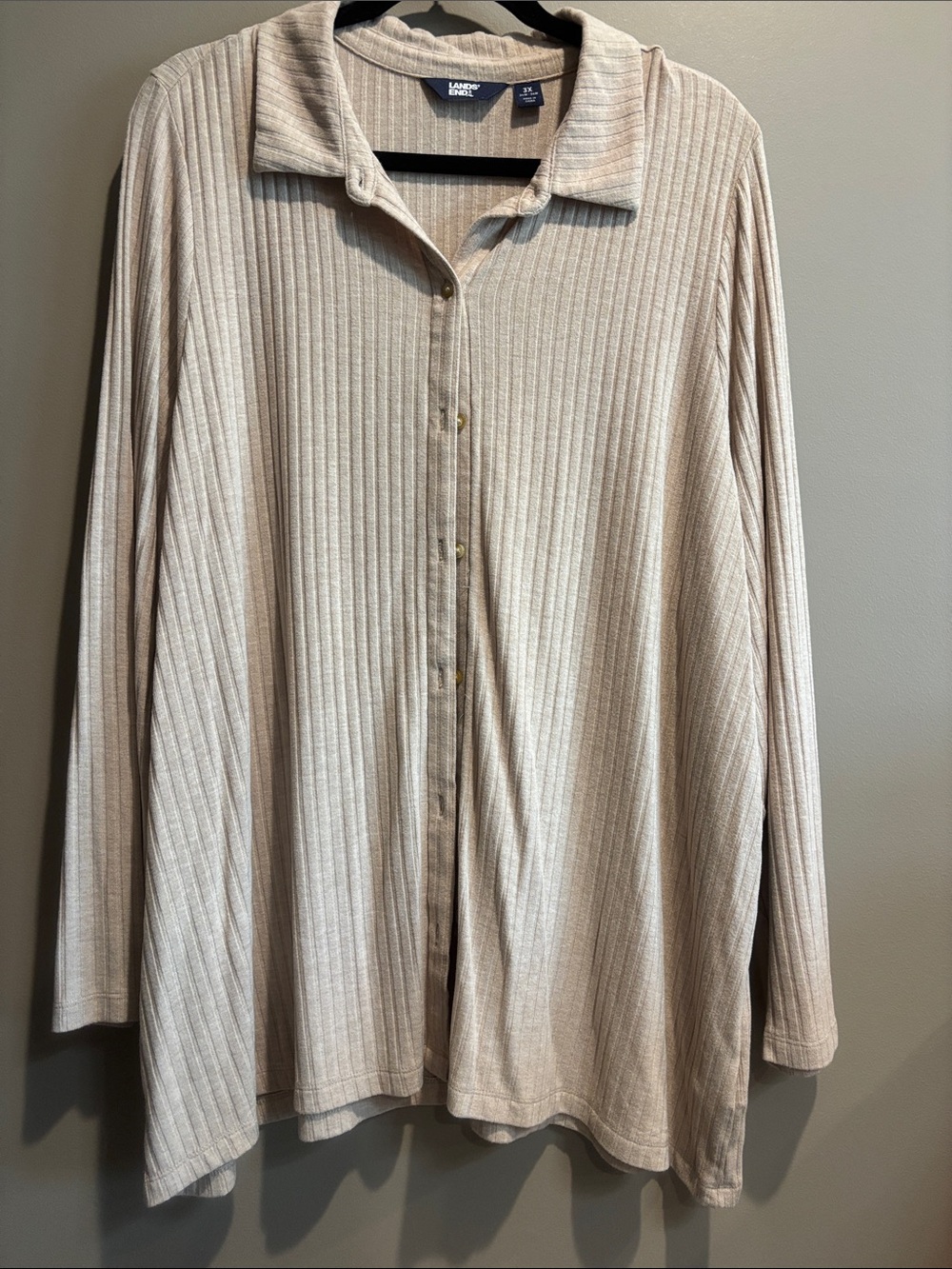 Lands' End Women's Beige Ribbed Button-Front Casual Sweater